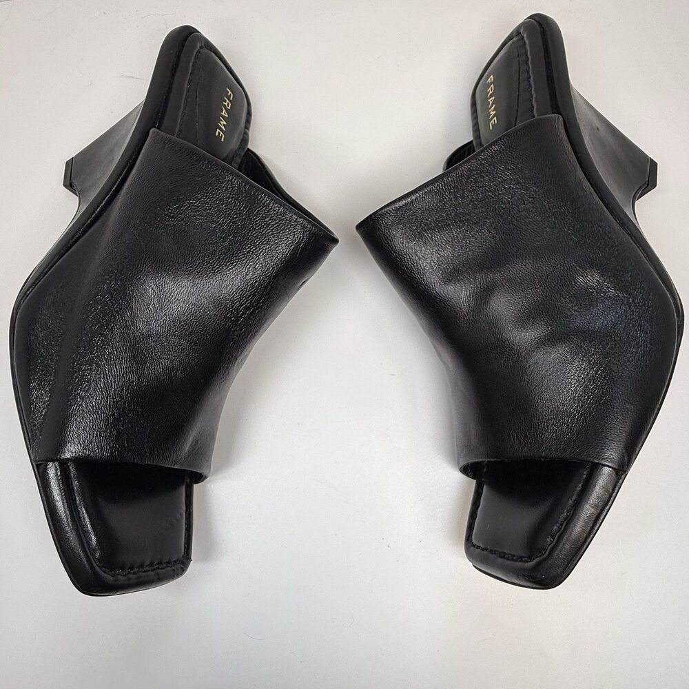 FRAME Le Naomi Black Leather Wedge Slip On Mule Heels Sz 39 US 8 New W/Flaw - Picture 4 of 9